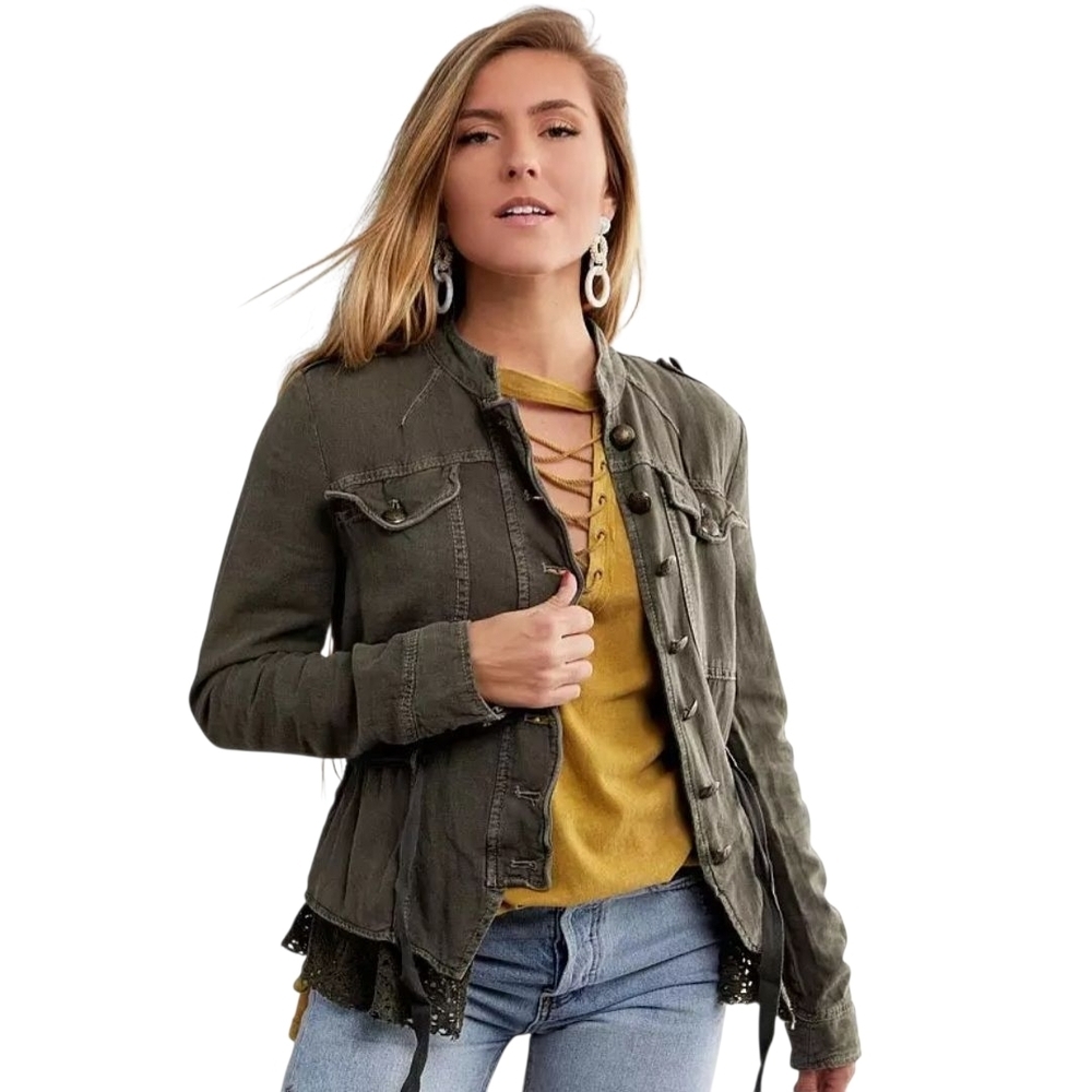 Free People Emilia Military Jacket Belted Lace Hem Utility Olive Small - Picture 2 of 14